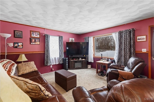 carpeted living room featuring plenty of natural light and a textured ceiling