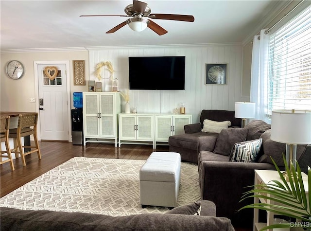 living room with crown molding, dark hardwood / wood-style floors, and ceiling fan