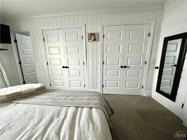 bedroom featuring multiple closets, crown molding, and carpet