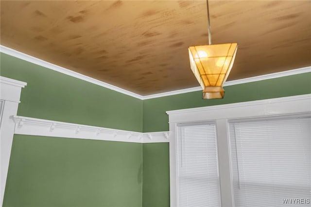 details with ornamental molding and wooden ceiling