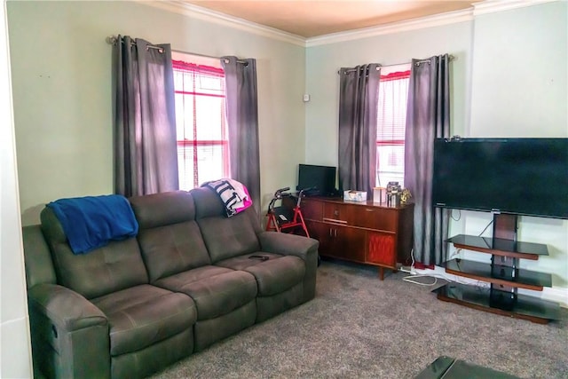 carpeted living room with crown molding and plenty of natural light