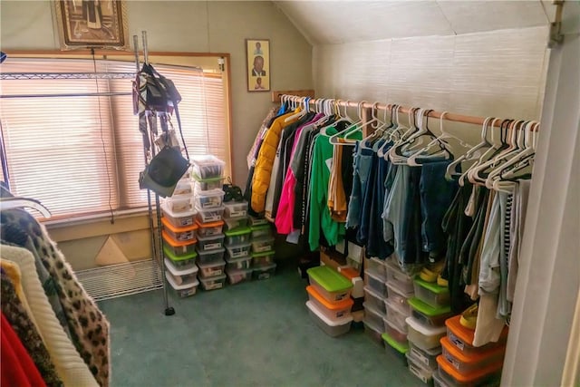 spacious closet featuring carpet floors and vaulted ceiling