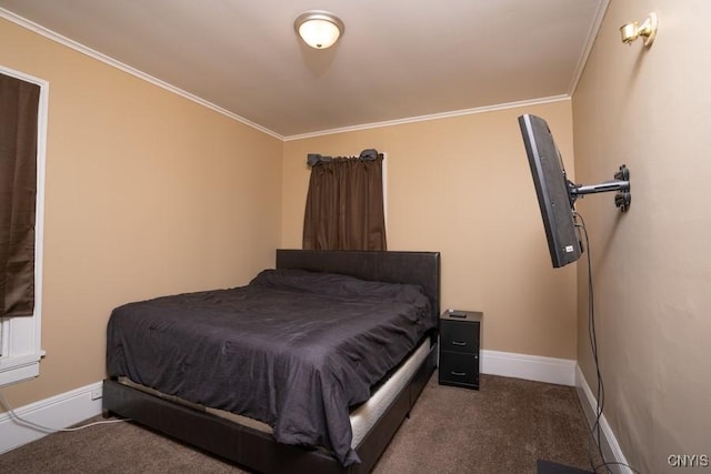 bedroom featuring dark colored carpet and crown molding