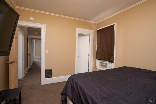 bedroom featuring cooling unit, dark carpet, and crown molding