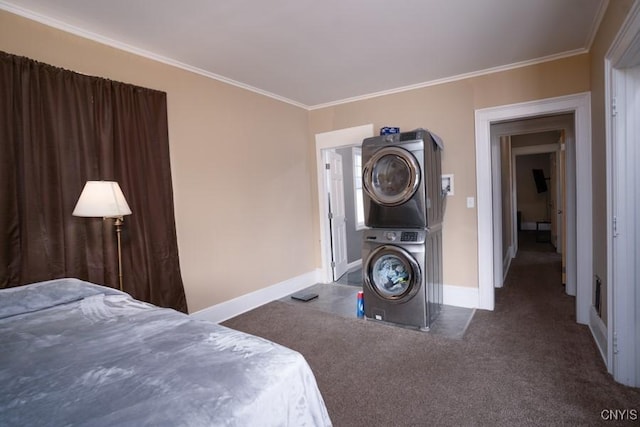 bedroom featuring dark carpet, stacked washer / drying machine, and crown molding