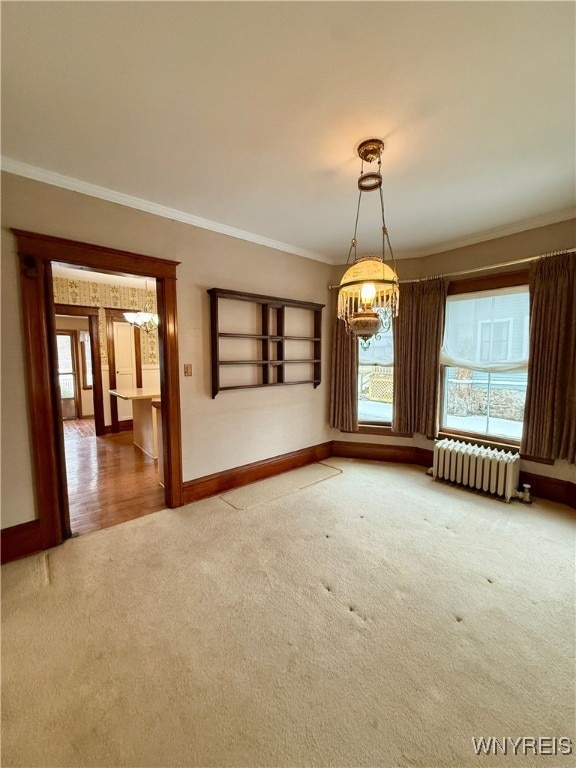 carpeted empty room featuring crown molding and radiator heating unit