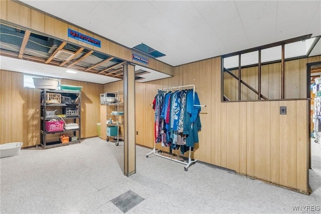 basement featuring wooden walls