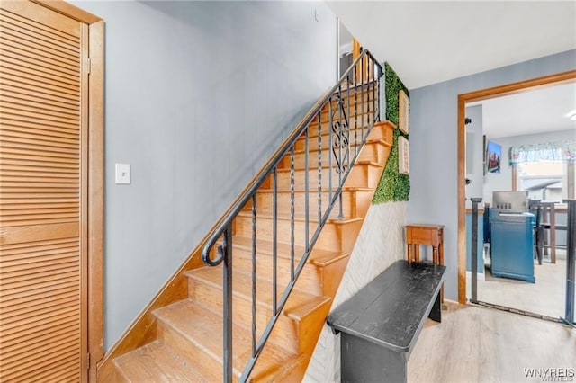 staircase with hardwood / wood-style flooring