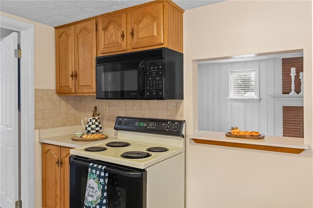 kitchen with range with electric stovetop, a textured ceiling, and decorative backsplash