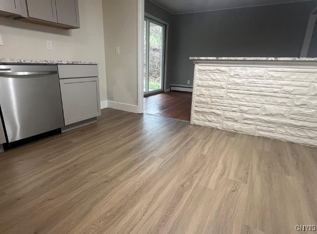 kitchen featuring dishwasher, a baseboard heating unit, gray cabinetry, and dark hardwood / wood-style flooring