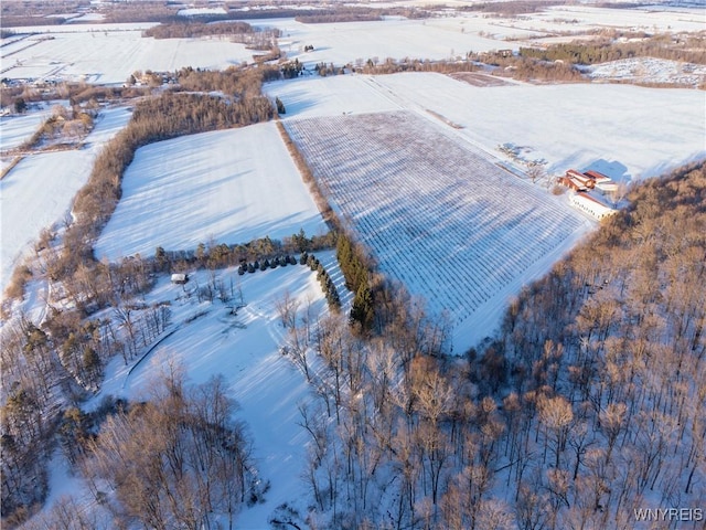 snowy aerial view featuring a rural view