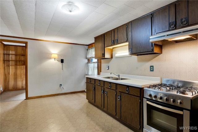 kitchen featuring stainless steel range with gas cooktop, sink, decorative backsplash, dark brown cabinetry, and crown molding