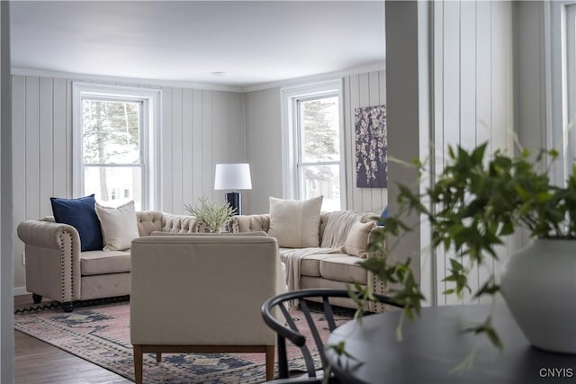 living room featuring crown molding and wood-type flooring