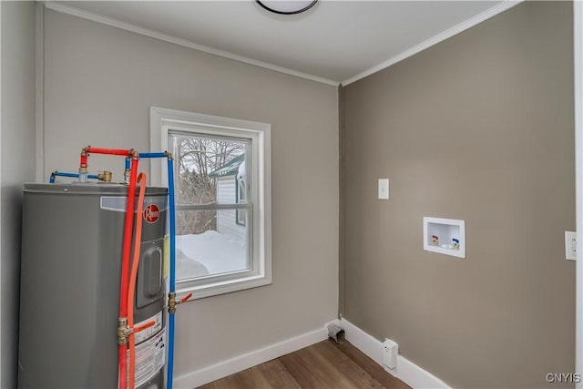 laundry area with wood-type flooring, electric water heater, washer hookup, and crown molding