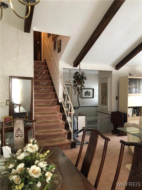 staircase featuring carpet floors and beamed ceiling