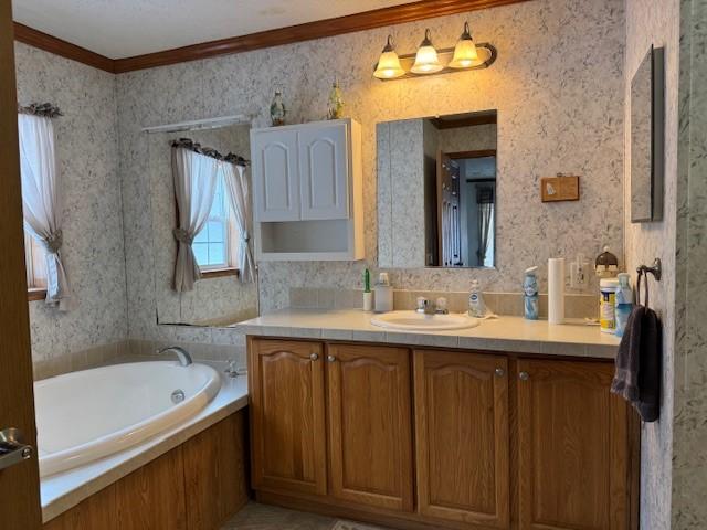 bathroom featuring a tub to relax in, vanity, and ornamental molding