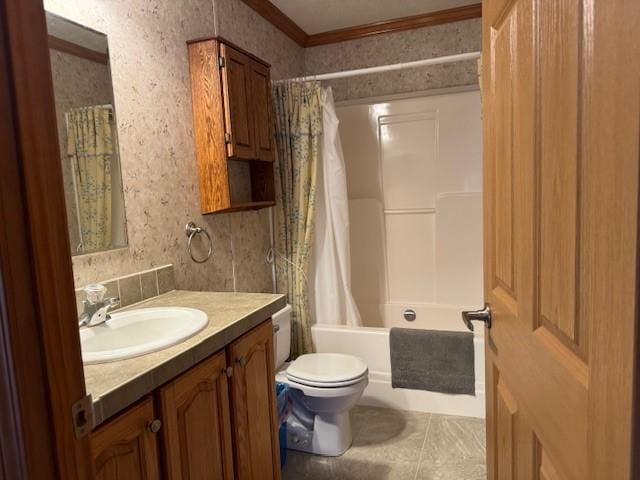 full bathroom with vanity, toilet, tile patterned flooring, and shower / bath combo