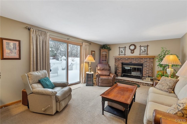 carpeted living room with a fireplace