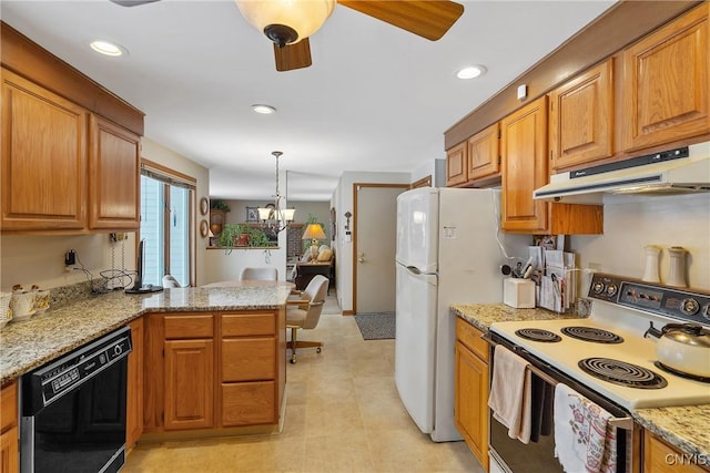 kitchen with electric stove, pendant lighting, black dishwasher, light stone counters, and kitchen peninsula