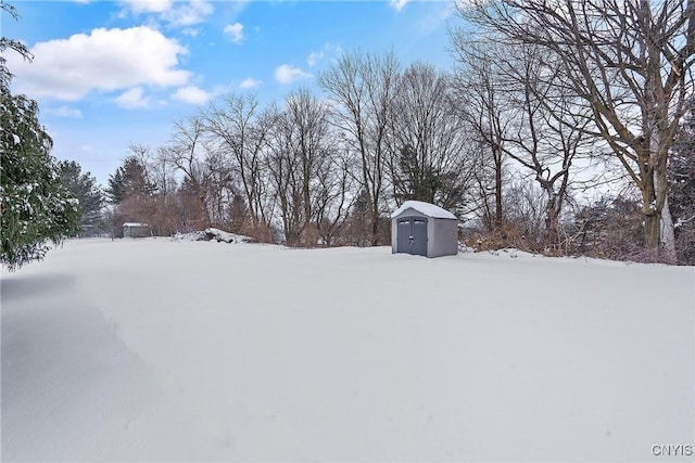 yard covered in snow featuring a storage shed