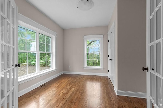 spare room with hardwood / wood-style flooring, a healthy amount of sunlight, and french doors