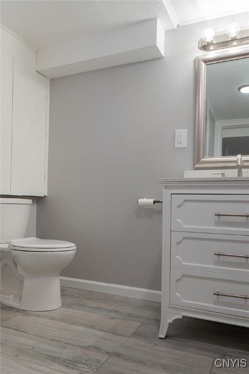 bathroom with hardwood / wood-style flooring, vanity, and toilet