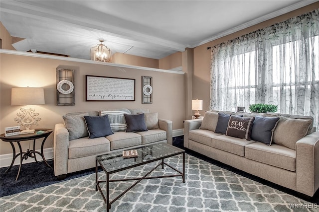 living room with crown molding