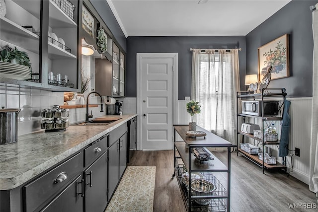 kitchen featuring sink, decorative backsplash, dark wood-type flooring, and dishwasher