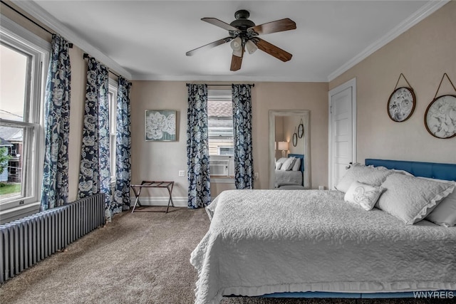 bedroom with ornamental molding, radiator, carpet floors, cooling unit, and ceiling fan