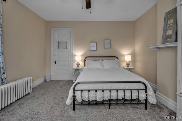 bedroom with light carpet, radiator heating unit, and ceiling fan