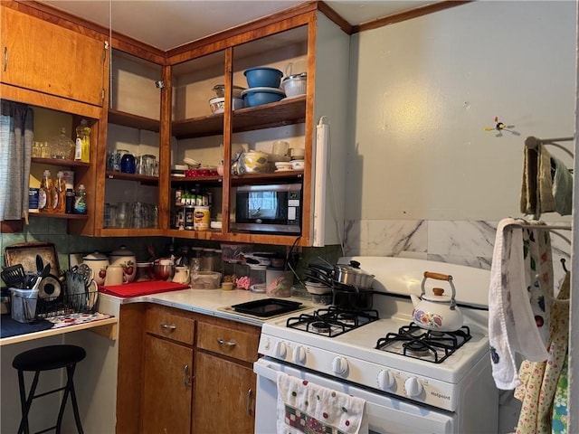 kitchen with white range with gas cooktop and decorative backsplash