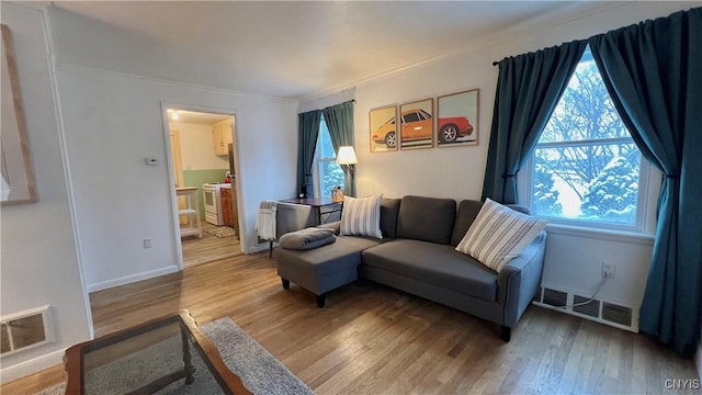 living room featuring hardwood / wood-style flooring, ornamental molding, and plenty of natural light