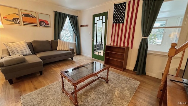 living room featuring ornamental molding and light hardwood / wood-style floors