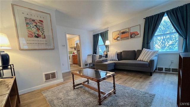 living room featuring crown molding and light hardwood / wood-style flooring