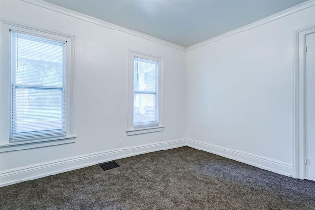 unfurnished room with ornamental molding and carpet flooring