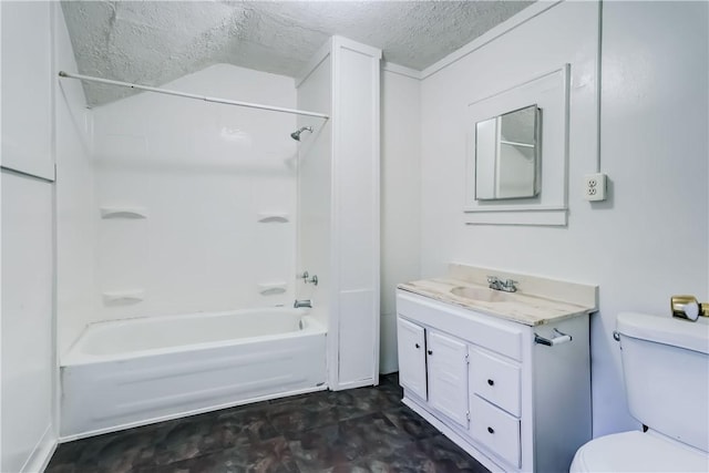 full bathroom with vanity, shower / tub combination, toilet, and a textured ceiling