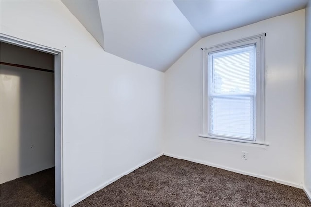 additional living space with lofted ceiling and dark carpet