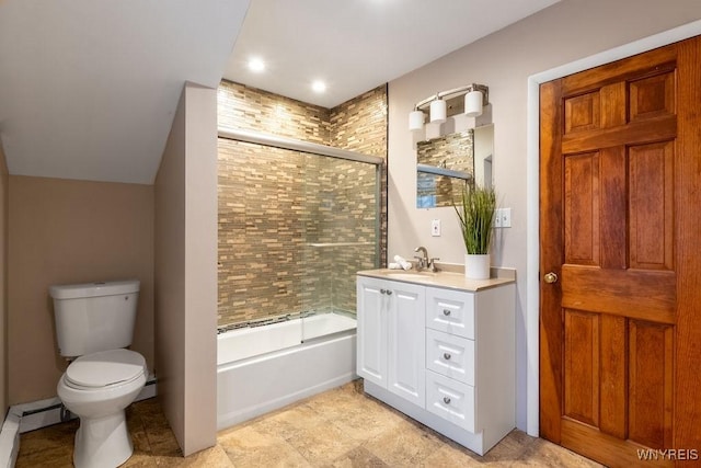 bathroom with vanity, toilet, and baseboard heating