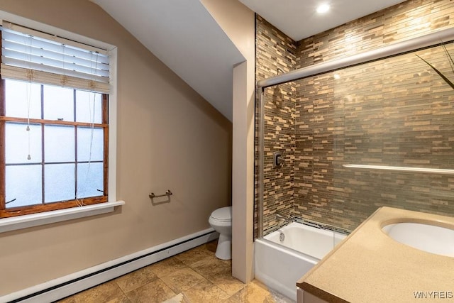 full bathroom with bath / shower combo with glass door, a baseboard heating unit, a wealth of natural light, and toilet