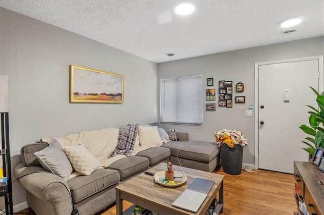 living room with light hardwood / wood-style floors and a textured ceiling