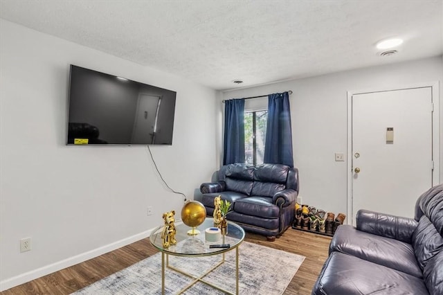 living room with hardwood / wood-style flooring and a textured ceiling