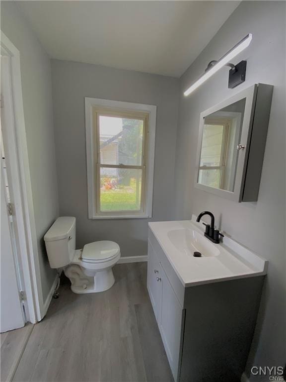 bathroom with wood-type flooring, toilet, and vanity