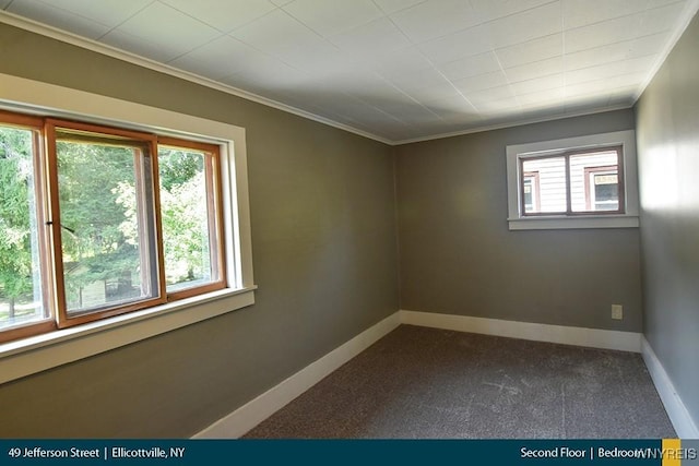 spare room featuring baseboards, dark colored carpet, and crown molding