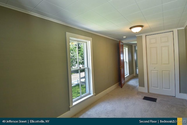 empty room featuring ornamental molding and light colored carpet