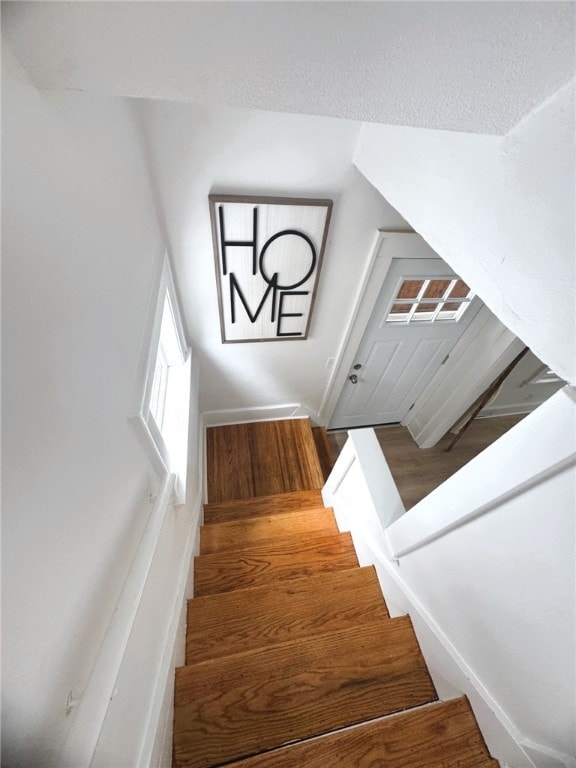 staircase with hardwood / wood-style floors