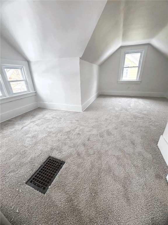 additional living space featuring vaulted ceiling and carpet flooring