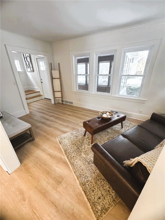 living room with ornamental molding, a healthy amount of sunlight, and light wood-type flooring