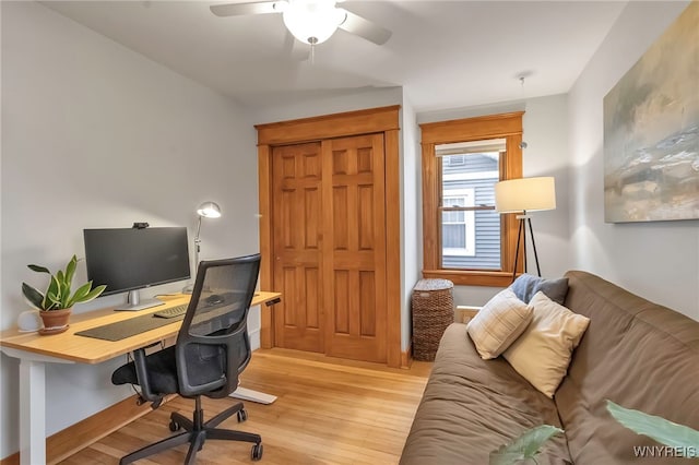 office space featuring ceiling fan and light hardwood / wood-style floors