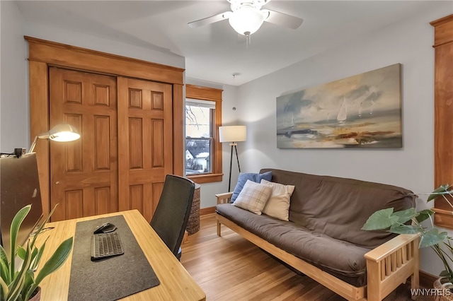 office area featuring ceiling fan and hardwood / wood-style floors