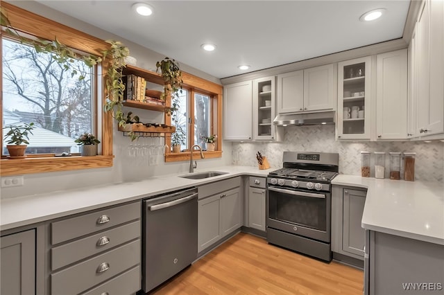 kitchen with sink, gray cabinets, and appliances with stainless steel finishes